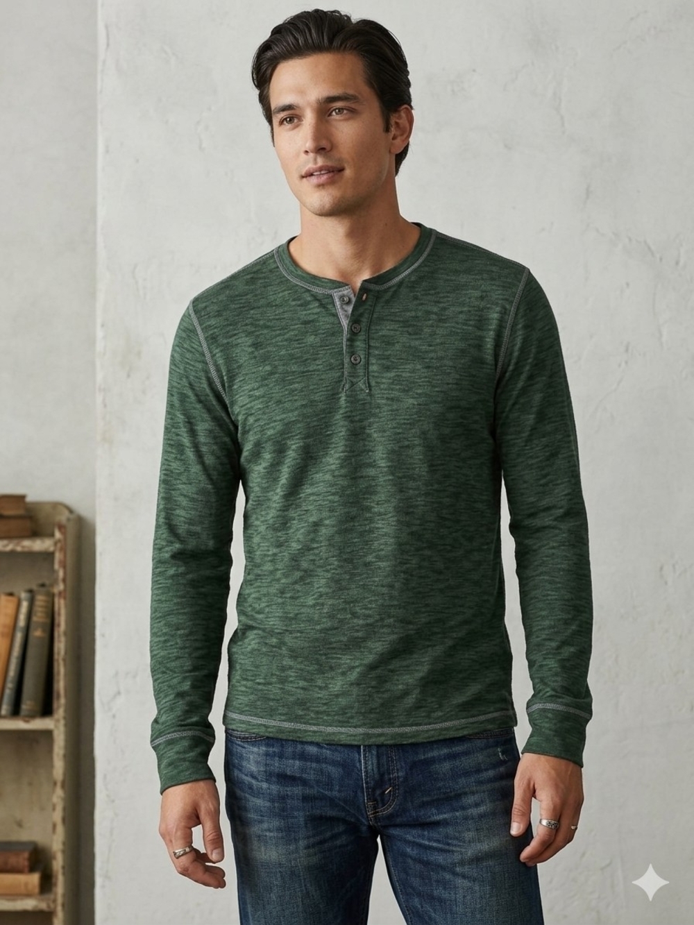 Men's Green Long-Sleeve Henley Shirt